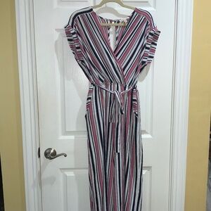 Sophia + Zeke faux wrap pink black striped jumpsuit Sz XL cap sleeve waist tie
